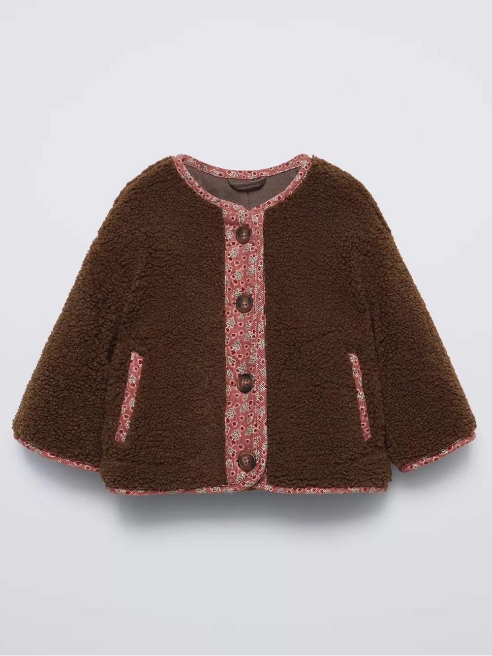 Zara Kids Brown Fleece Jacket with Floral Cord Trim | Baby Girls 3-6m